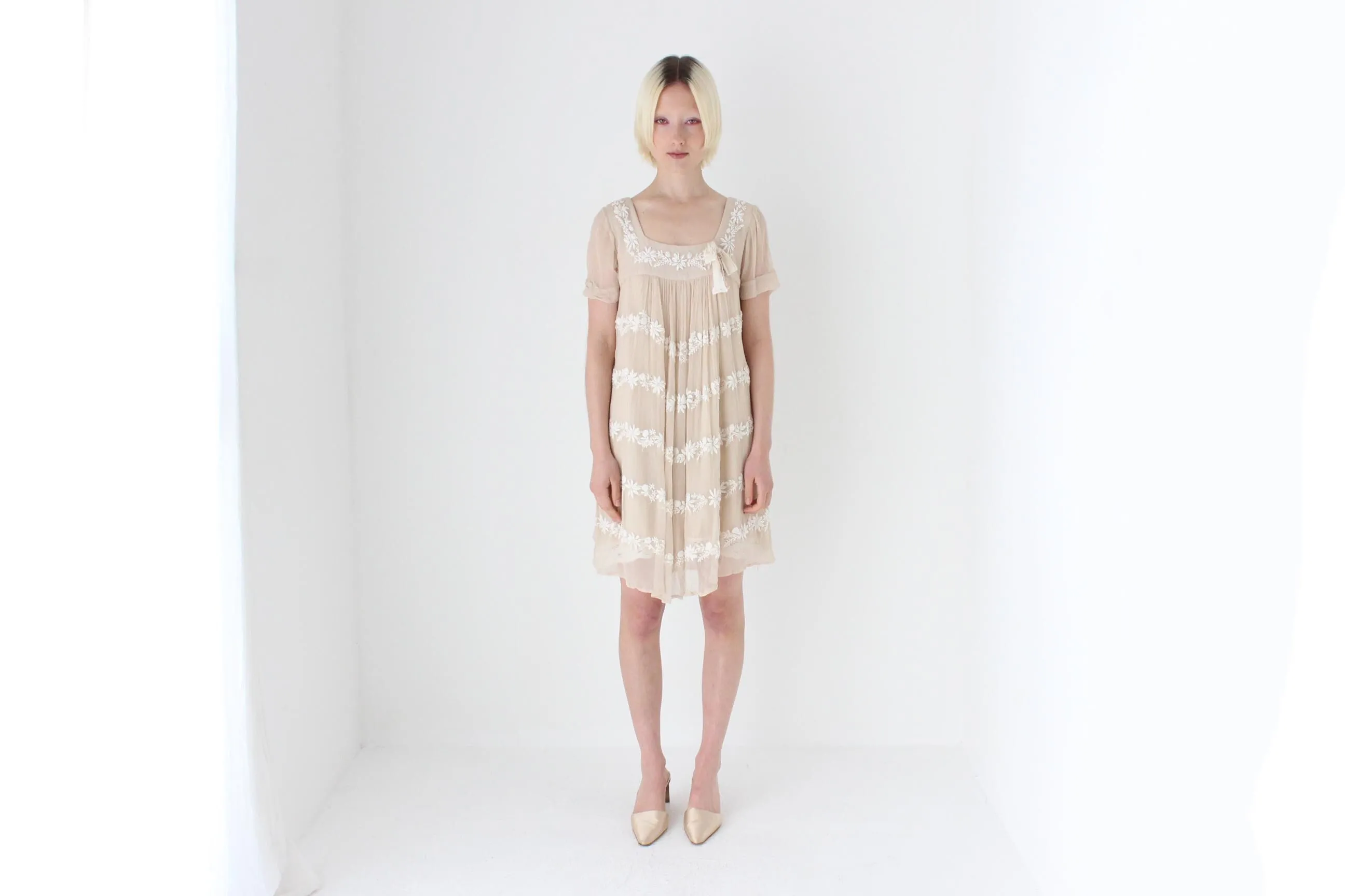 2000s Pure Silk Embroidered Babydoll Smock