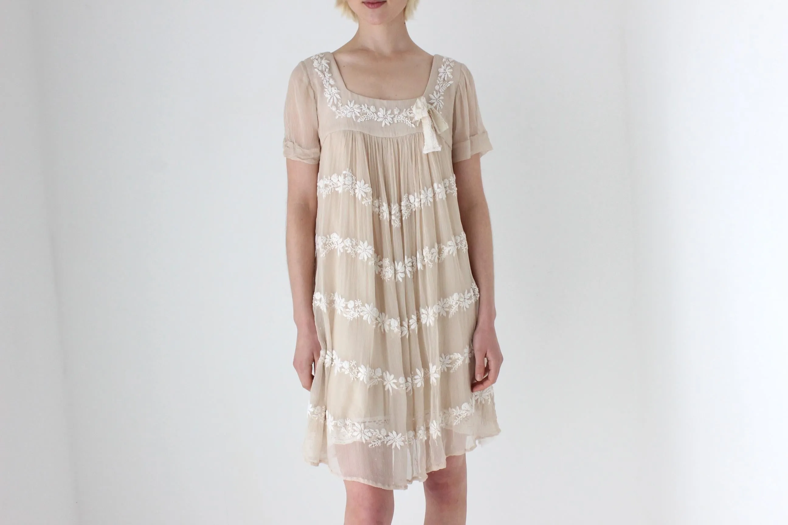 2000s Pure Silk Embroidered Babydoll Smock