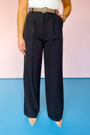 Black High Waist Front Pleat Wide Leg Pants