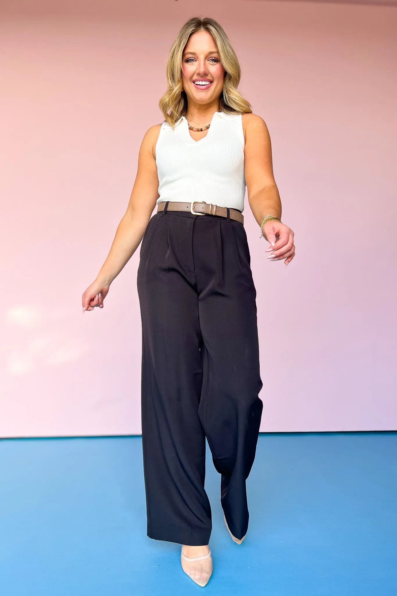 Black High Waist Front Pleat Wide Leg Pants