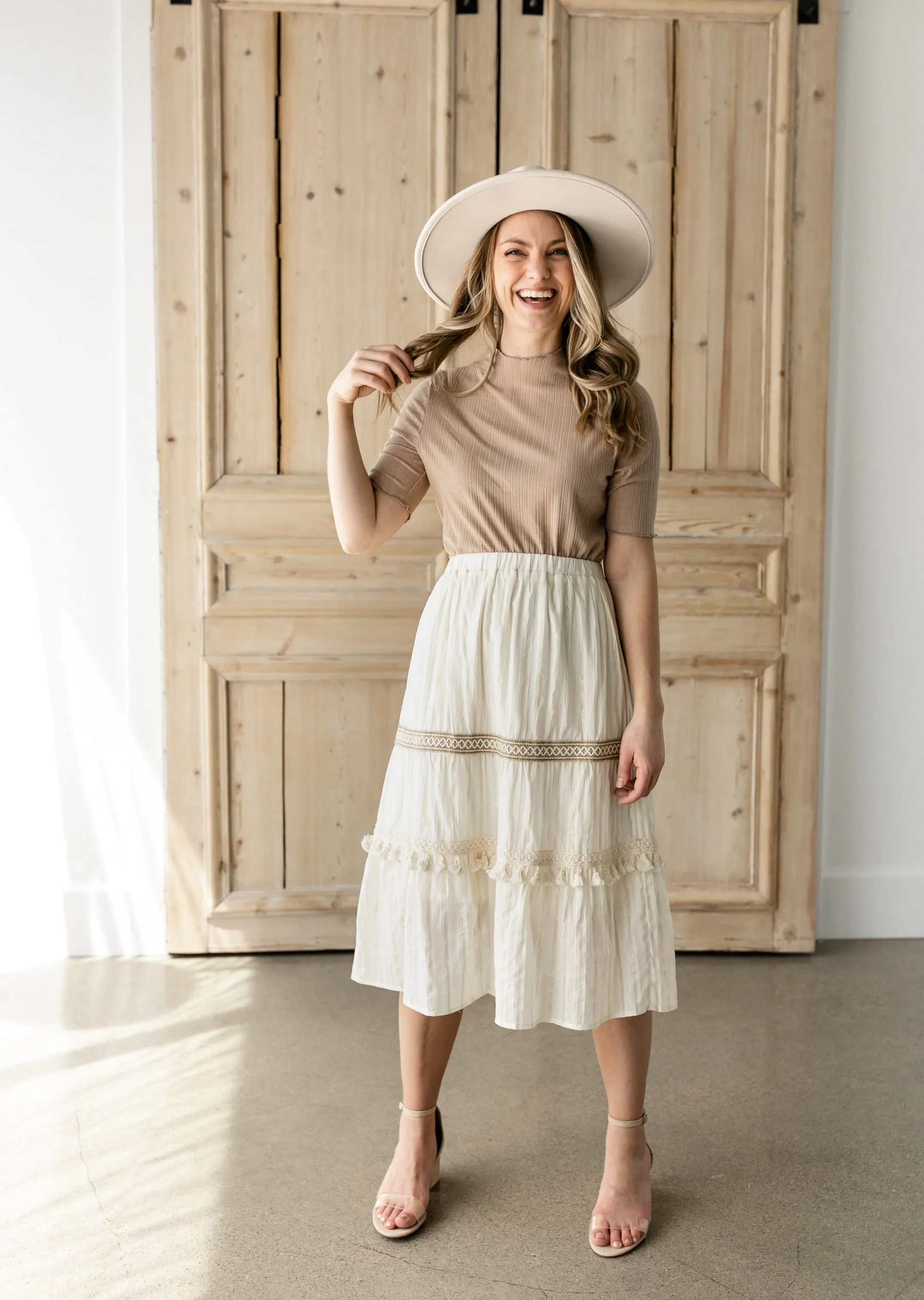 Cream Midi Skirt With Contrasting Lace Detail