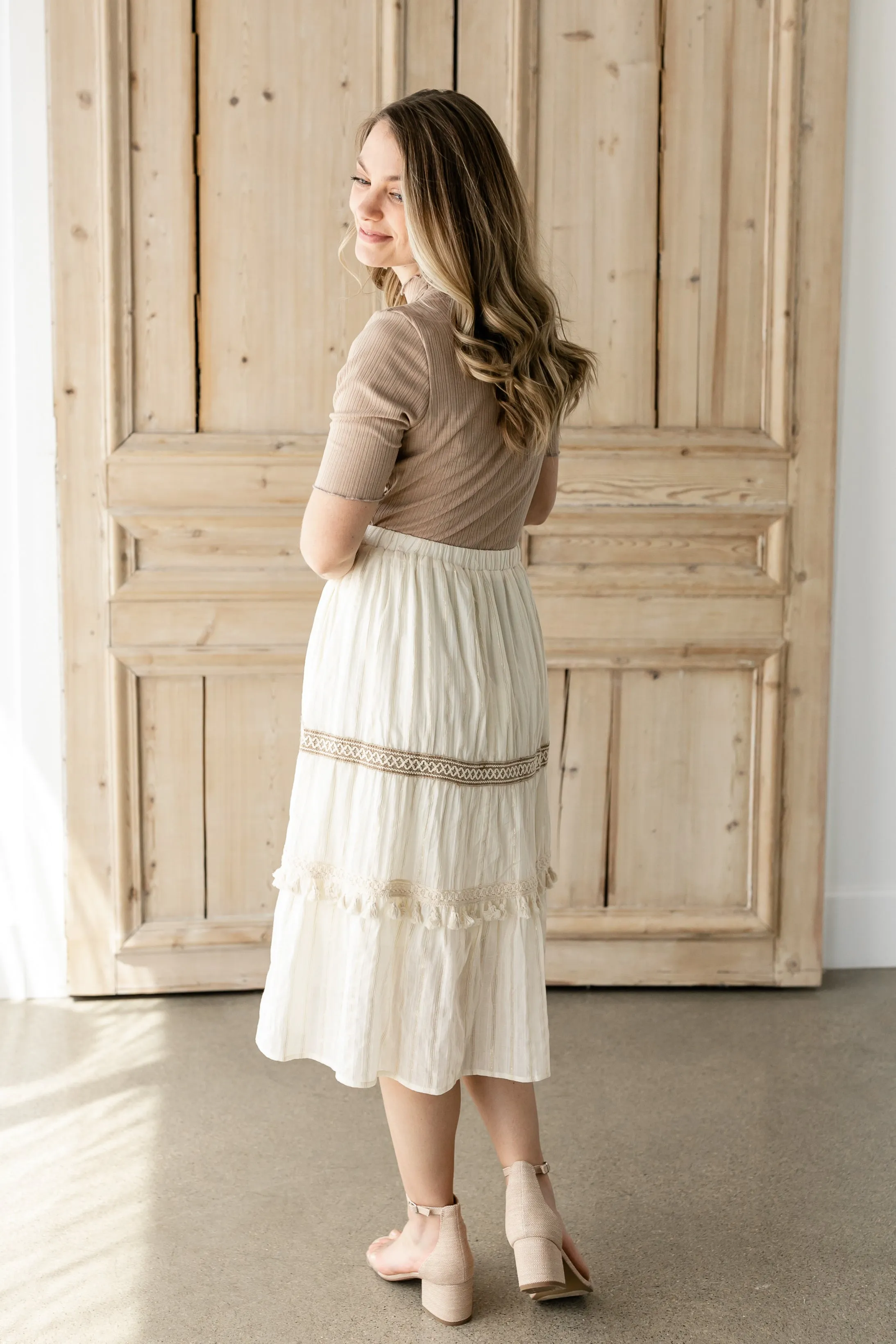 Cream Midi Skirt With Contrasting Lace Detail