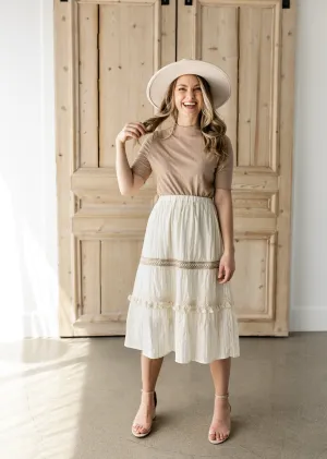 Cream Midi Skirt With Contrasting Lace Detail