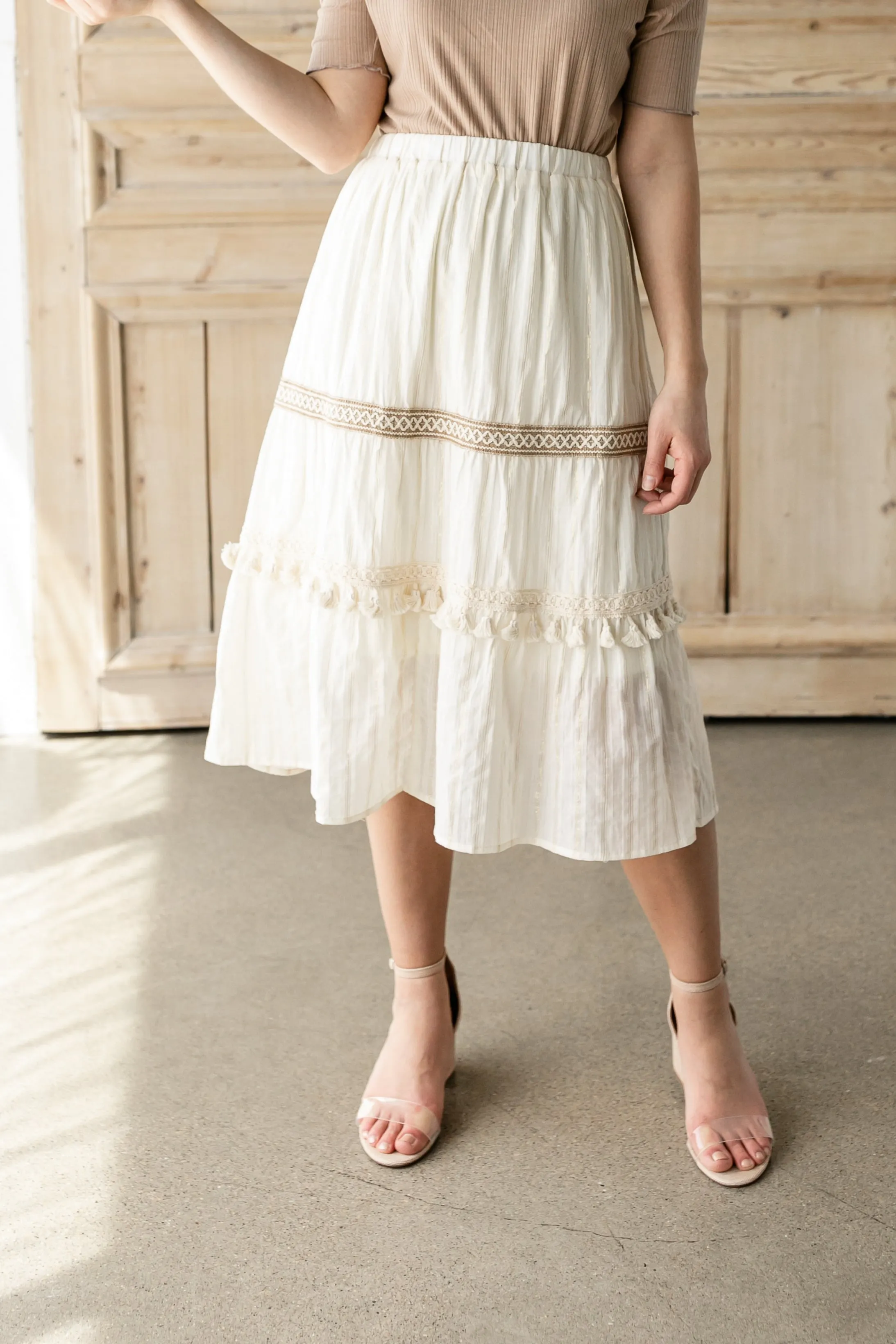 Cream Midi Skirt With Contrasting Lace Detail