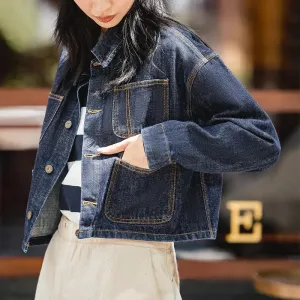 Denim Jacket for Women Dark Blue Short Coat Vintage Jeans Jacket Washed Turn Down Collar Loose Streetwear Designer Brand