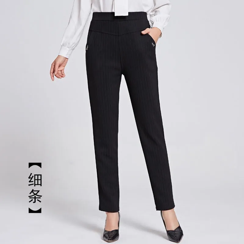 Elderly Pants Women High Waist Loose Straight Plus Size Chequered Casual Pants