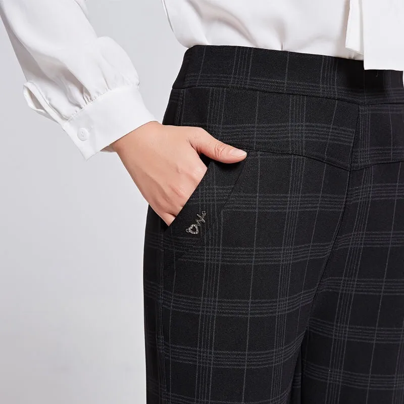 Elderly Pants Women High Waist Loose Straight Plus Size Chequered Casual Pants