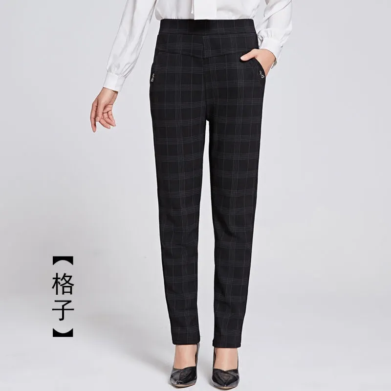 Elderly Pants Women High Waist Loose Straight Plus Size Chequered Casual Pants