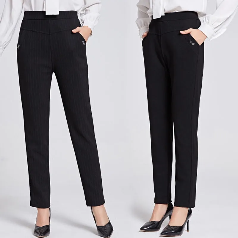 Elderly Pants Women High Waist Loose Straight Plus Size Chequered Casual Pants