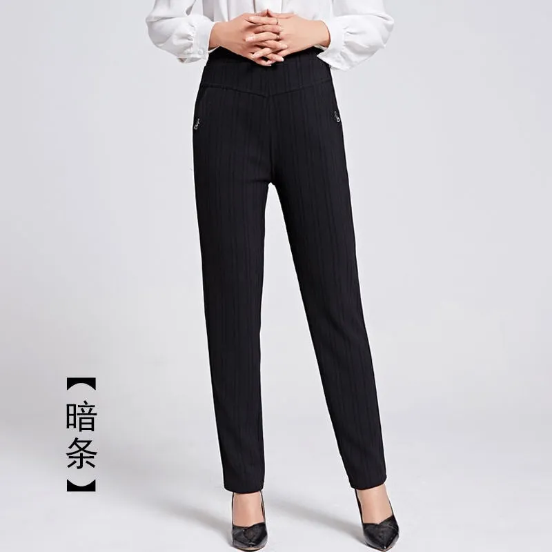 Elderly Pants Women High Waist Loose Straight Plus Size Chequered Casual Pants