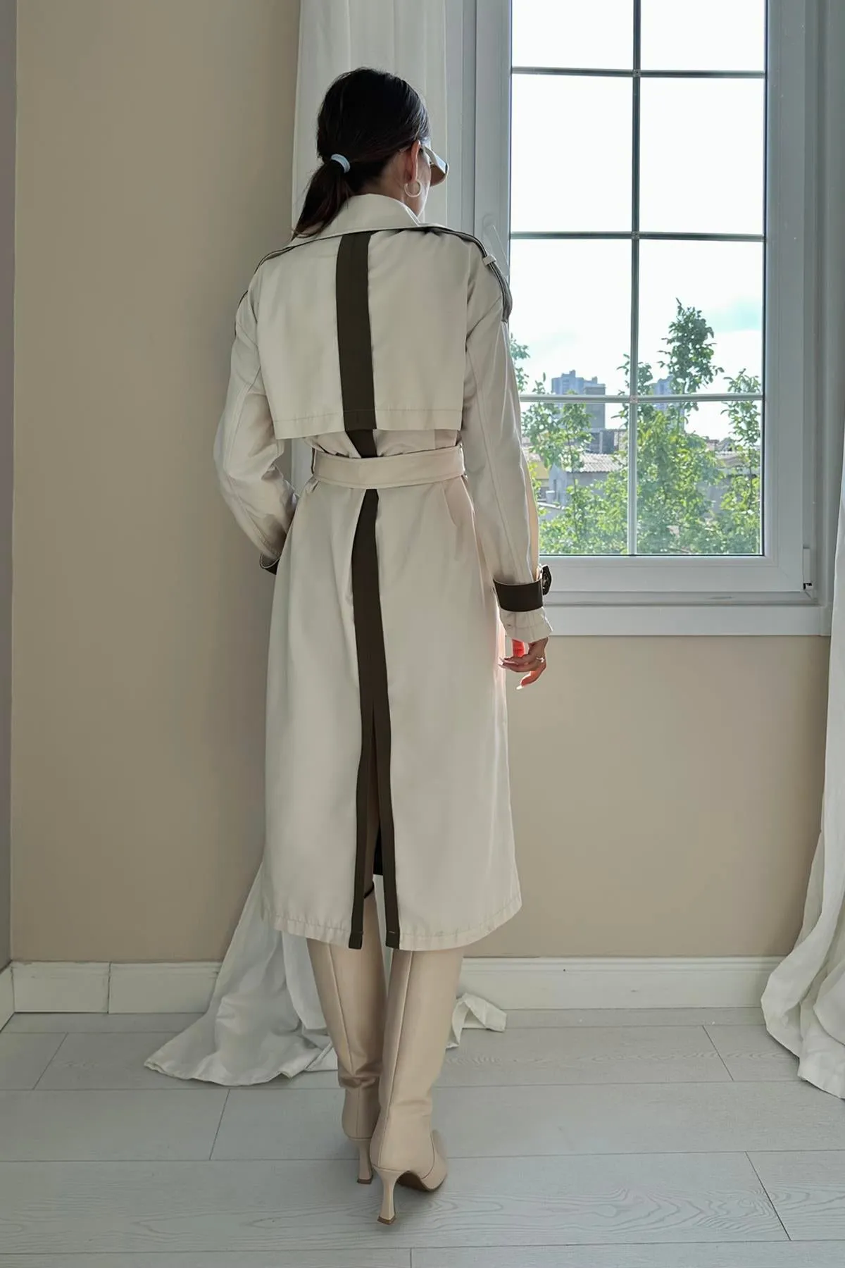 ELS Back Striped and Belted Trench Coat - Beige - Fairbanks