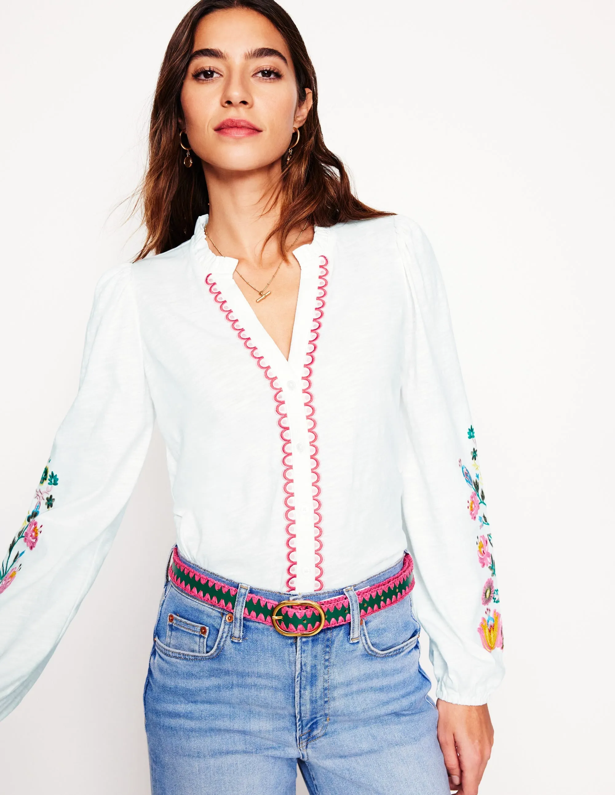 Embroidered Frill Neck Blouse-White, Multi Floral Embroidery