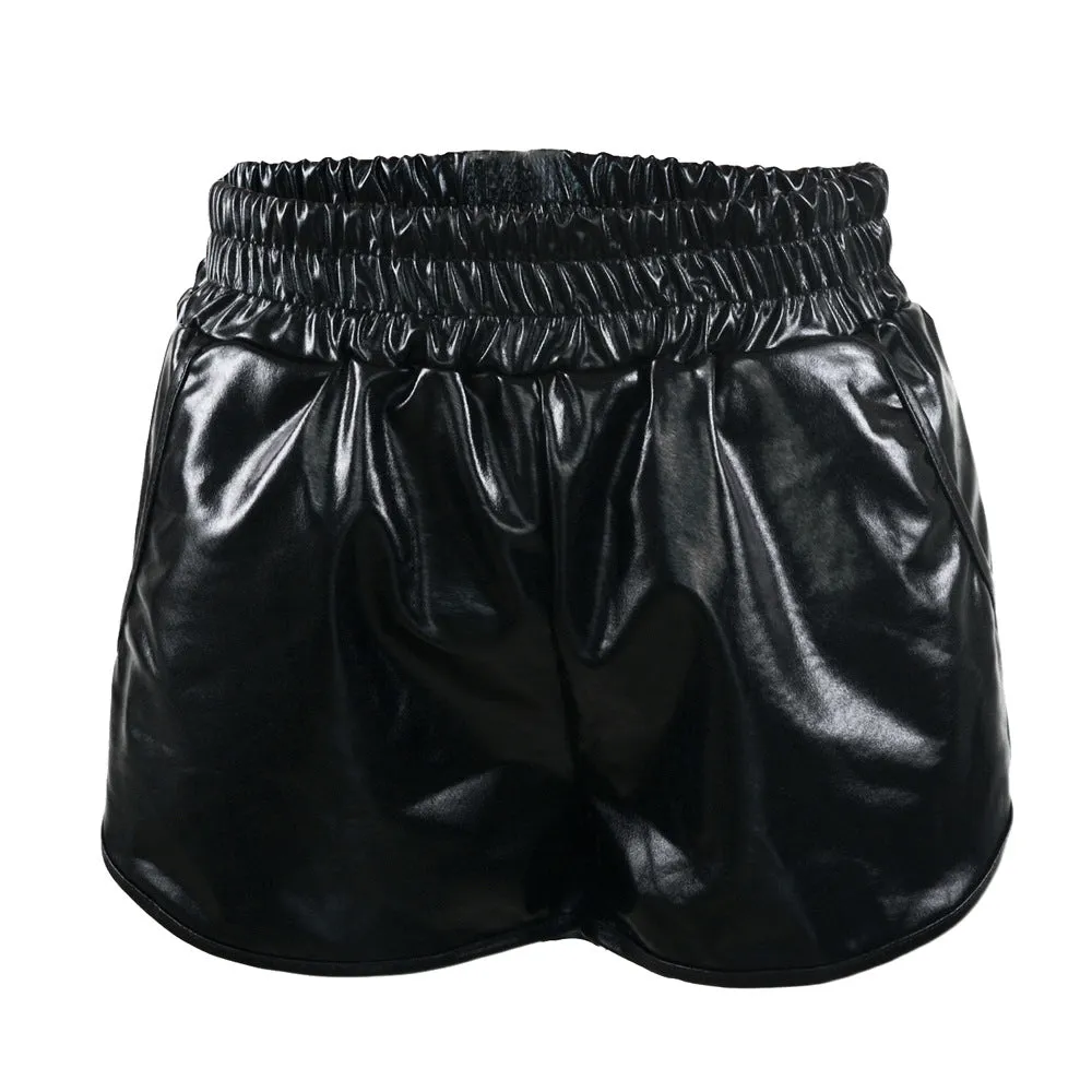 Europe Loose Pocket Elastic Waist Shorts PU Sexy Women Hot Leather Pants
