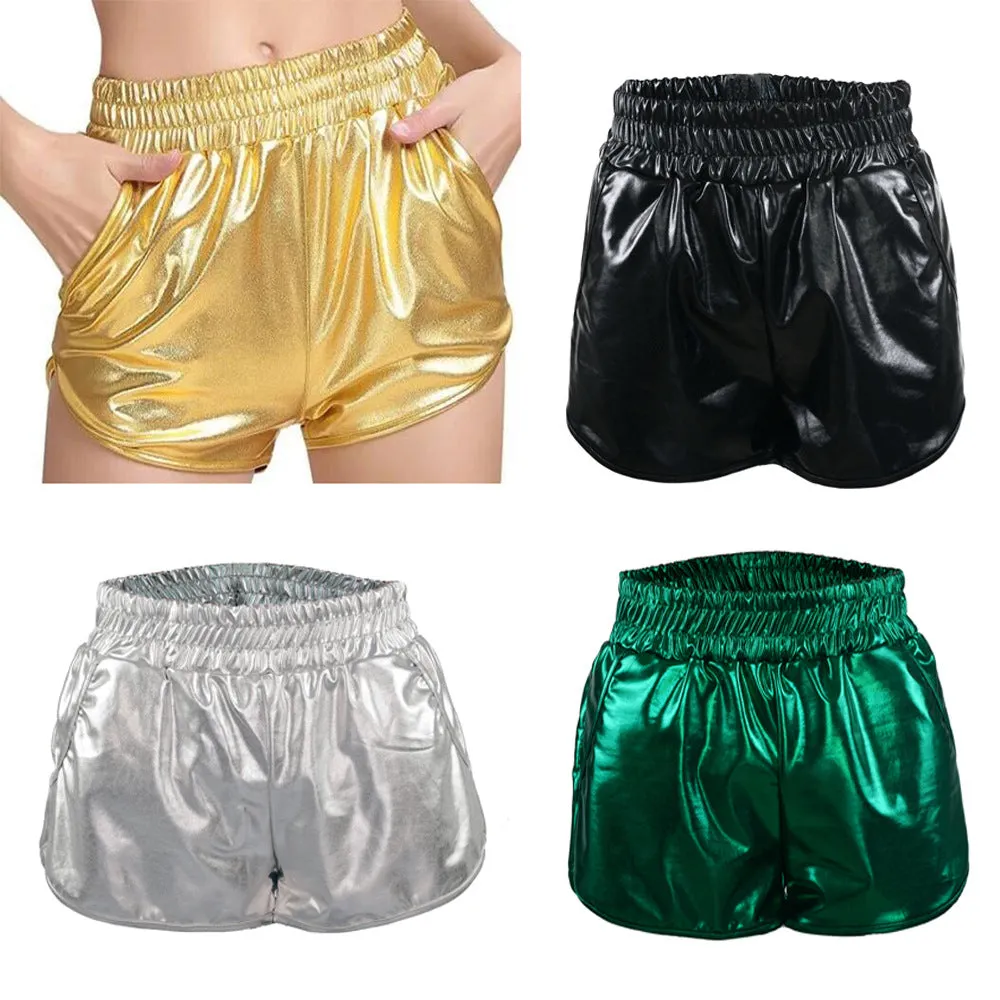 Europe Loose Pocket Elastic Waist Shorts PU Sexy Women Hot Leather Pants