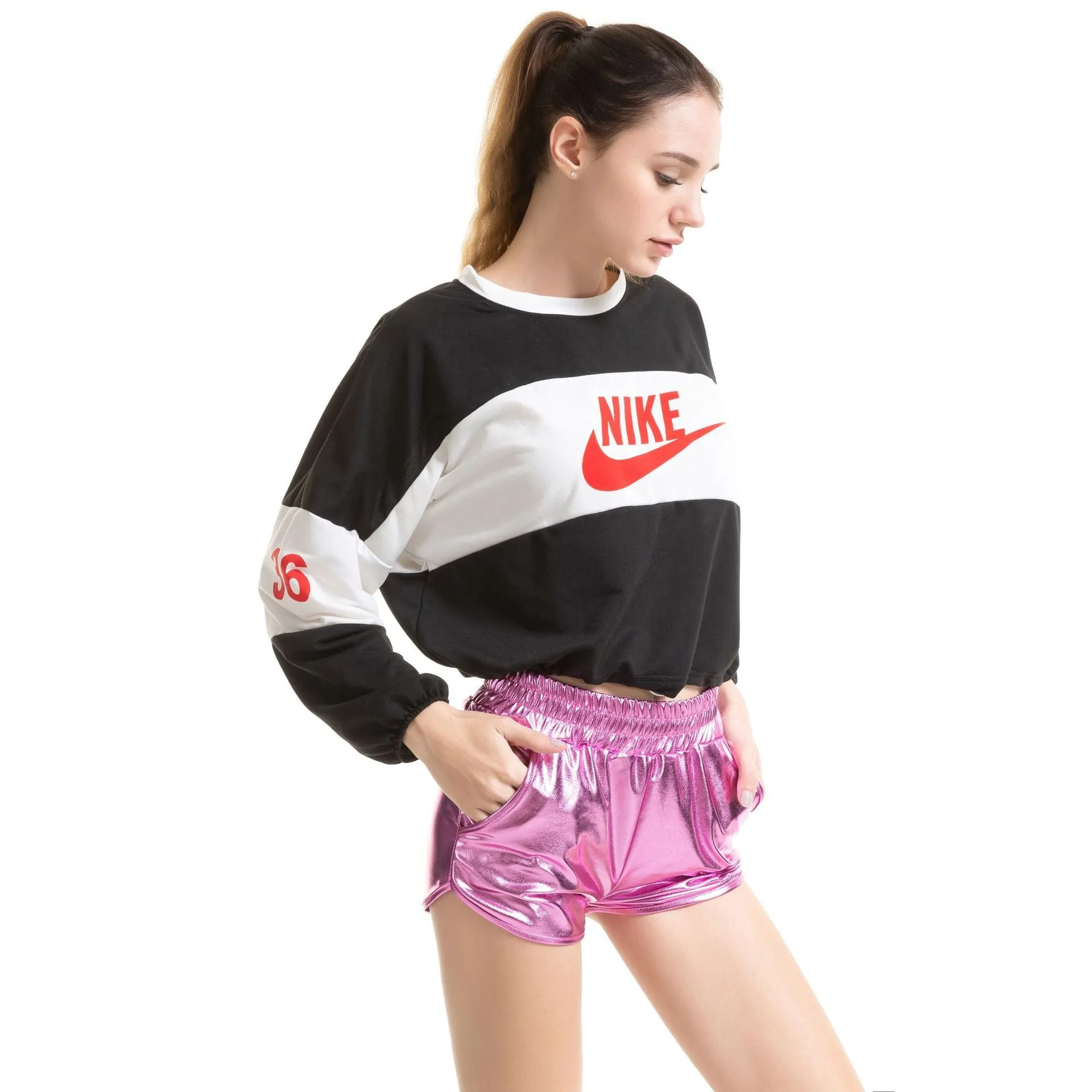Europe Loose Pocket Elastic Waist Shorts PU Sexy Women Hot Leather Pants