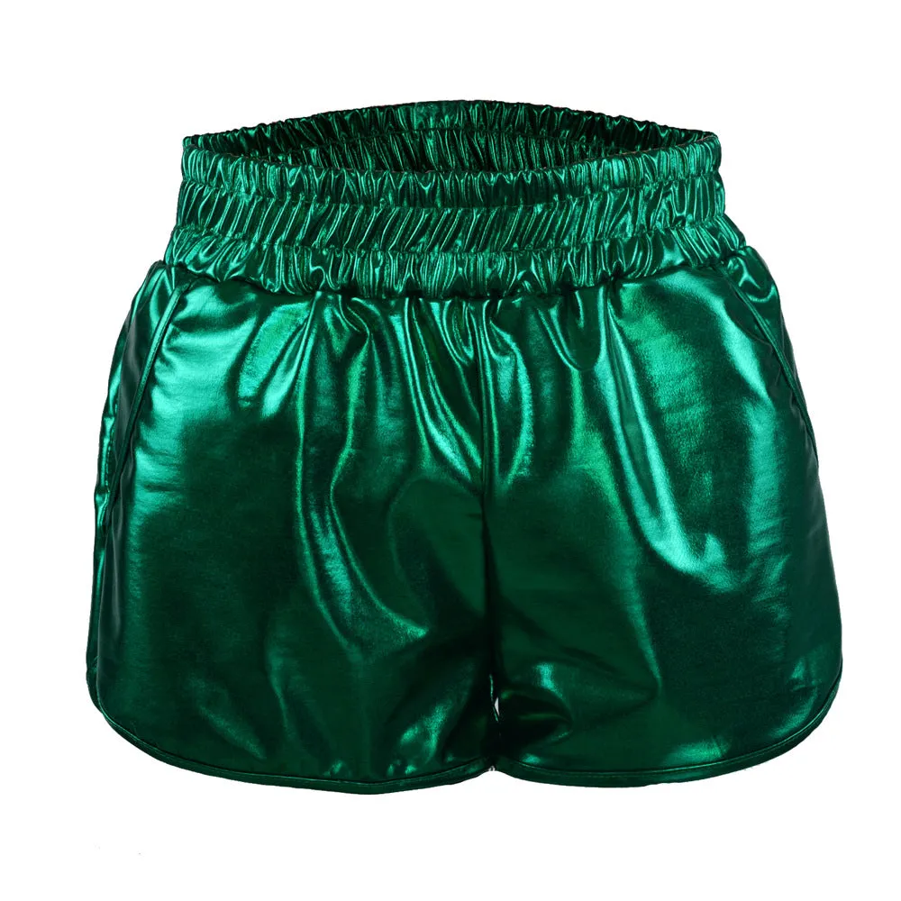 Europe Loose Pocket Elastic Waist Shorts PU Sexy Women Hot Leather Pants