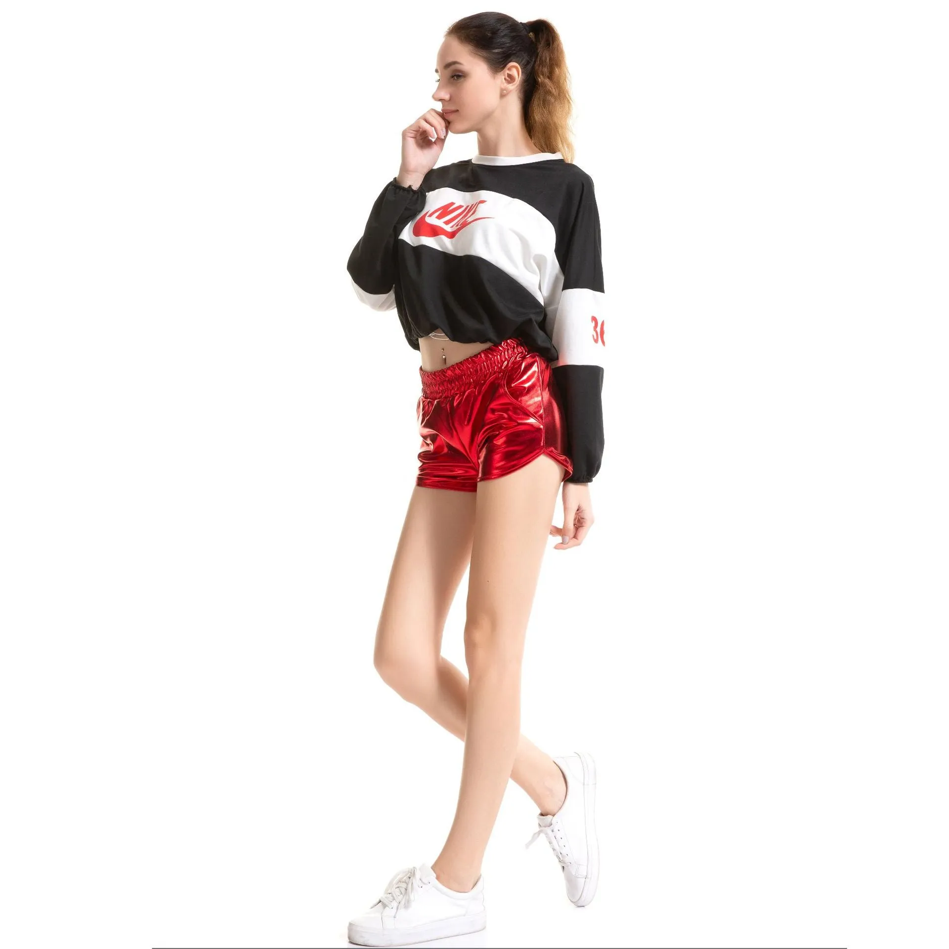 Europe Loose Pocket Elastic Waist Shorts PU Sexy Women Hot Leather Pants