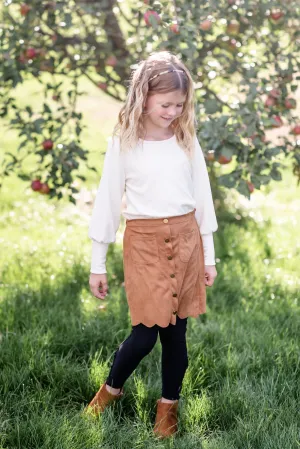 Girls Button Detail Camel Scalloped Midi Skirt