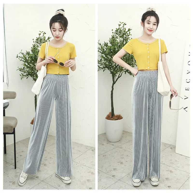 High Waist Loose Drape Wide Leg Pants Solid Colored Women Summer Chiffon Plus Size Outdoor Casual Long Pants