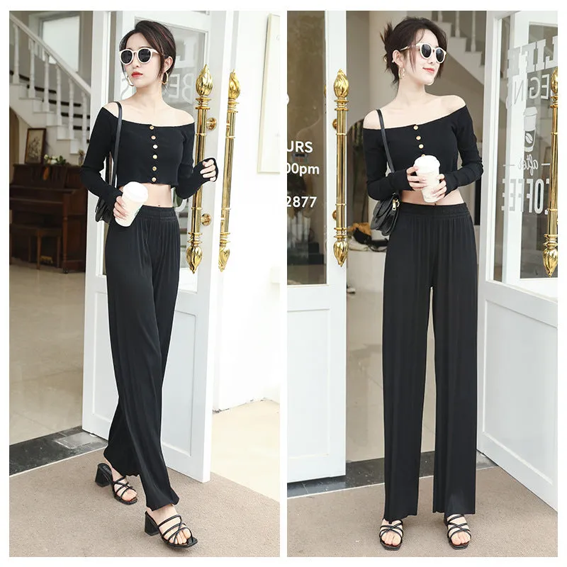 High Waist Loose Drape Wide Leg Pants Solid Colored Women Summer Chiffon Plus Size Outdoor Casual Long Pants