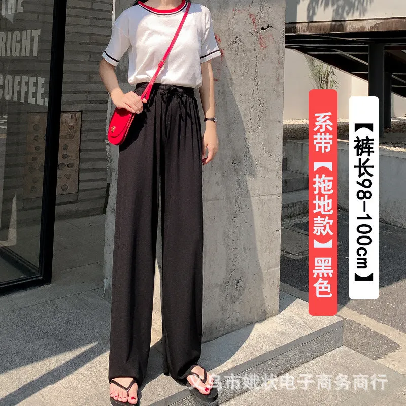 Ice Silk Wide Leg Pants Floor Length Women High Waist Slim Look Casual Loose Student Long Straight Pants