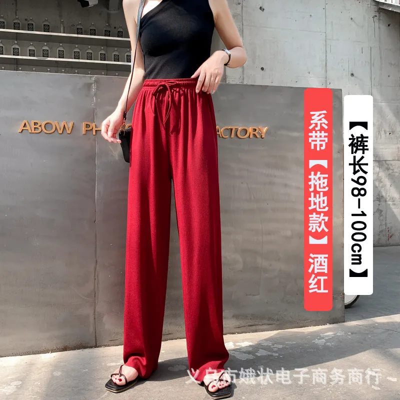 Ice Silk Wide Leg Pants Floor Length Women High Waist Slim Look Casual Loose Student Long Straight Pants