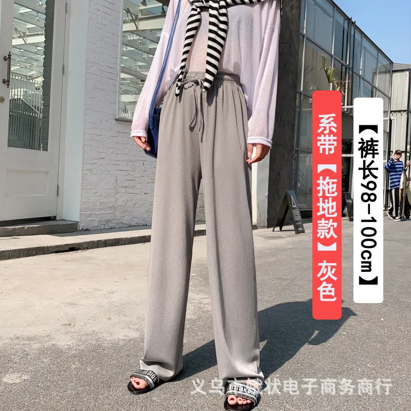Ice Silk Wide Leg Pants Floor Length Women High Waist Slim Look Casual Loose Student Long Straight Pants