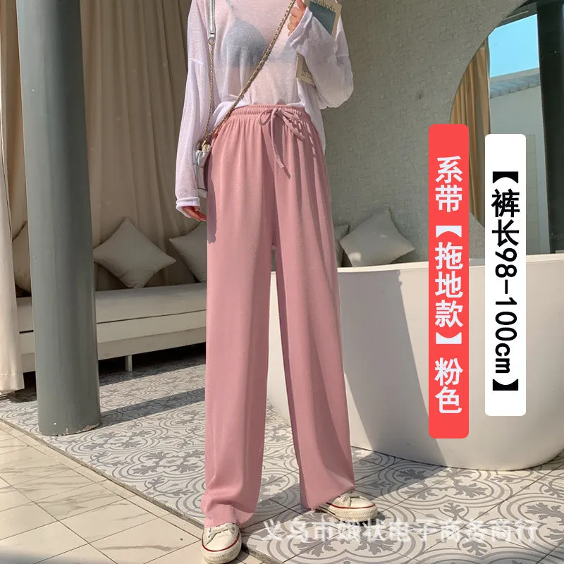 Ice Silk Wide Leg Pants Floor Length Women High Waist Slim Look Casual Loose Student Long Straight Pants
