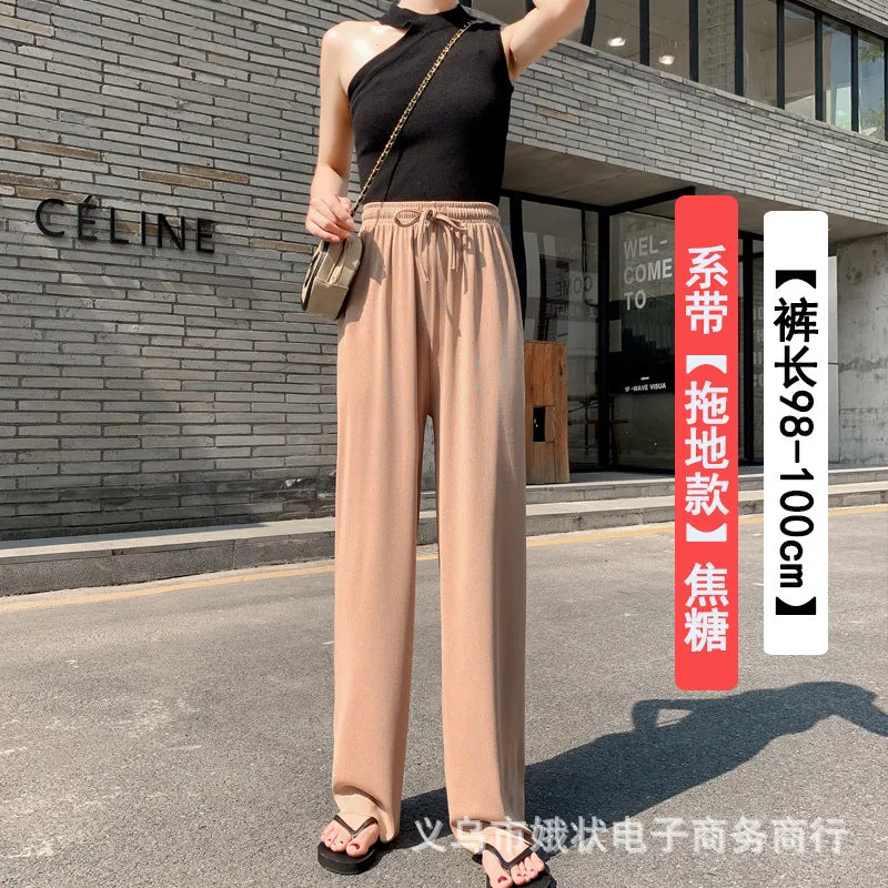 Ice Silk Wide Leg Pants Floor Length Women High Waist Slim Look Casual Loose Student Long Straight Pants