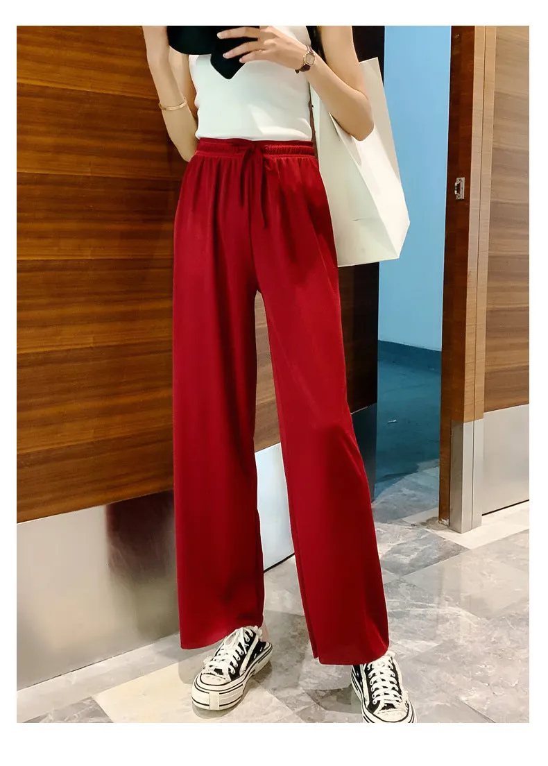 Ice Silk Wide Leg Pants Floor Length Women High Waist Slim Look Casual Loose Student Long Straight Pants