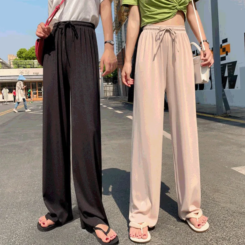 Ice Silk Wide Leg Pants Floor Length Women High Waist Slim Look Casual Loose Student Long Straight Pants