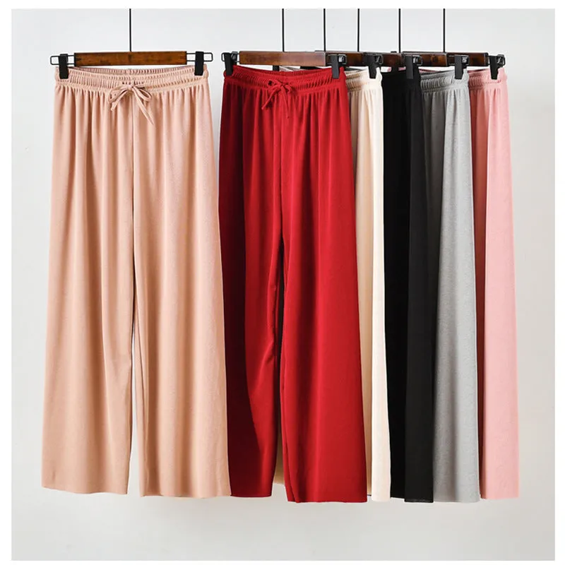 Ice Silk Wide Leg Pants Floor Length Women High Waist Slim Look Casual Loose Student Long Straight Pants