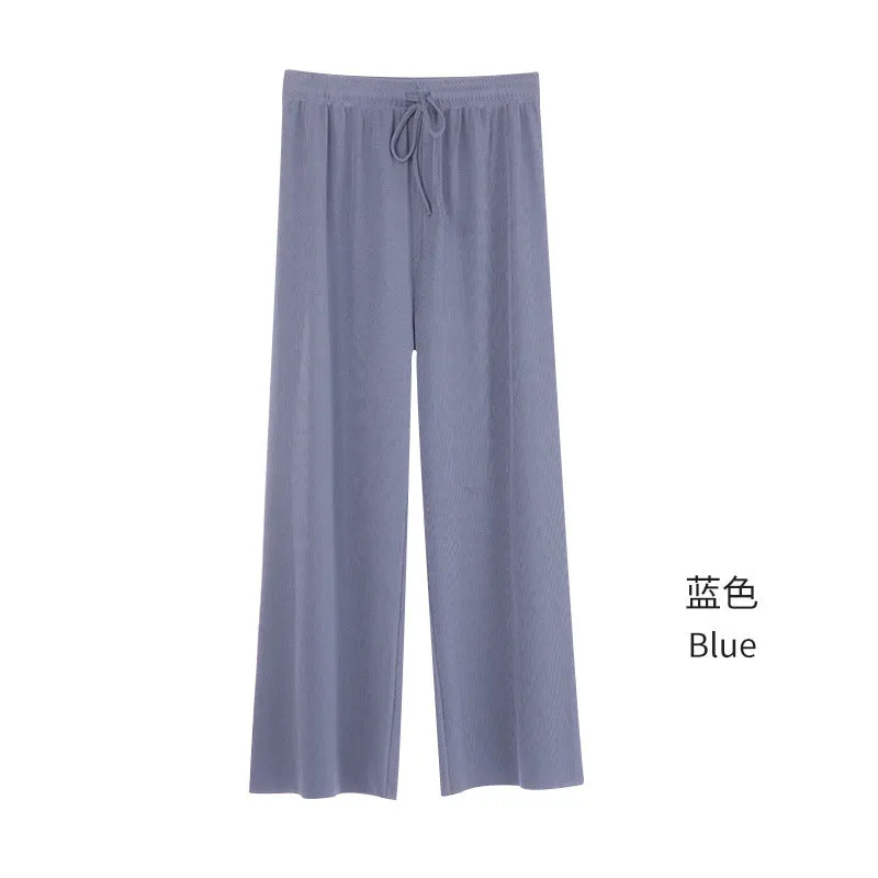 Ice Silk Wide Leg Pants Women High Waist Drape Summer Thin Floor Length Long Loose Slim Look Straight Casual Pants