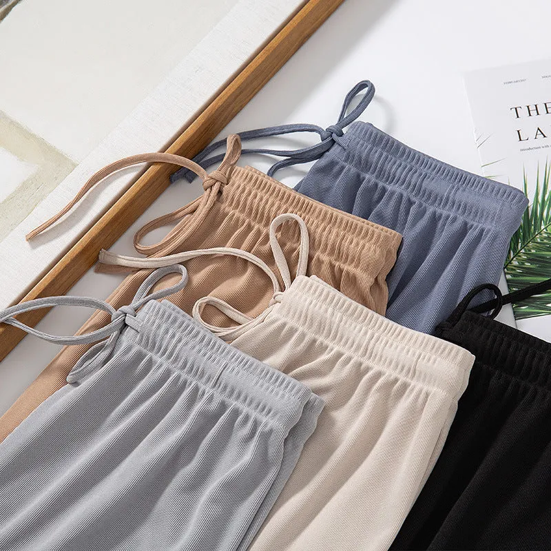 Ice Silk Wide Leg Pants Women High Waist Drape Summer Thin Floor Length Long Loose Slim Look Straight Casual Pants