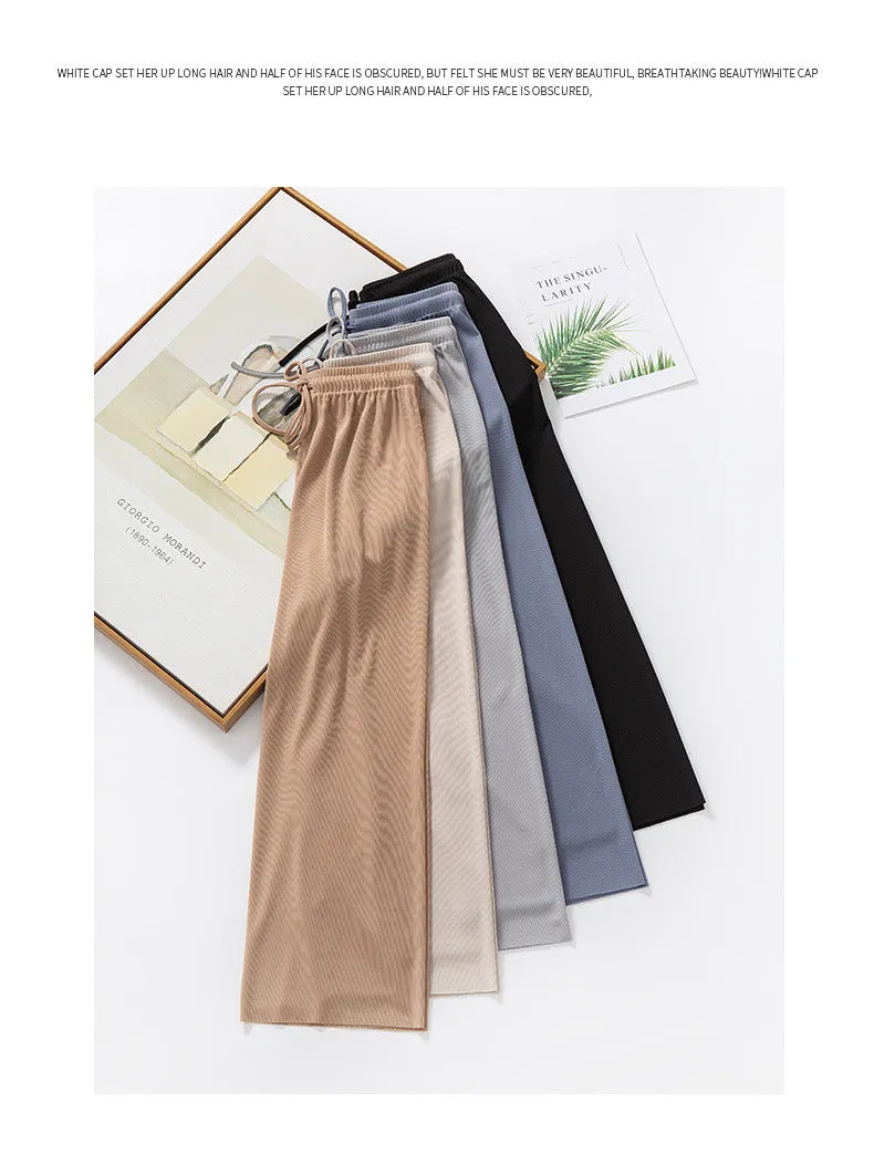 Ice Silk Wide Leg Pants Women High Waist Drape Summer Thin Floor Length Long Loose Slim Look Straight Casual Pants
