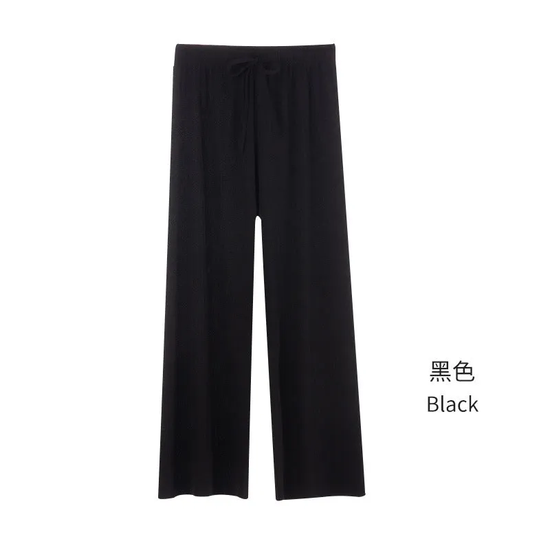 Ice Silk Wide Leg Pants Women High Waist Drape Summer Thin Floor Length Long Loose Slim Look Straight Casual Pants