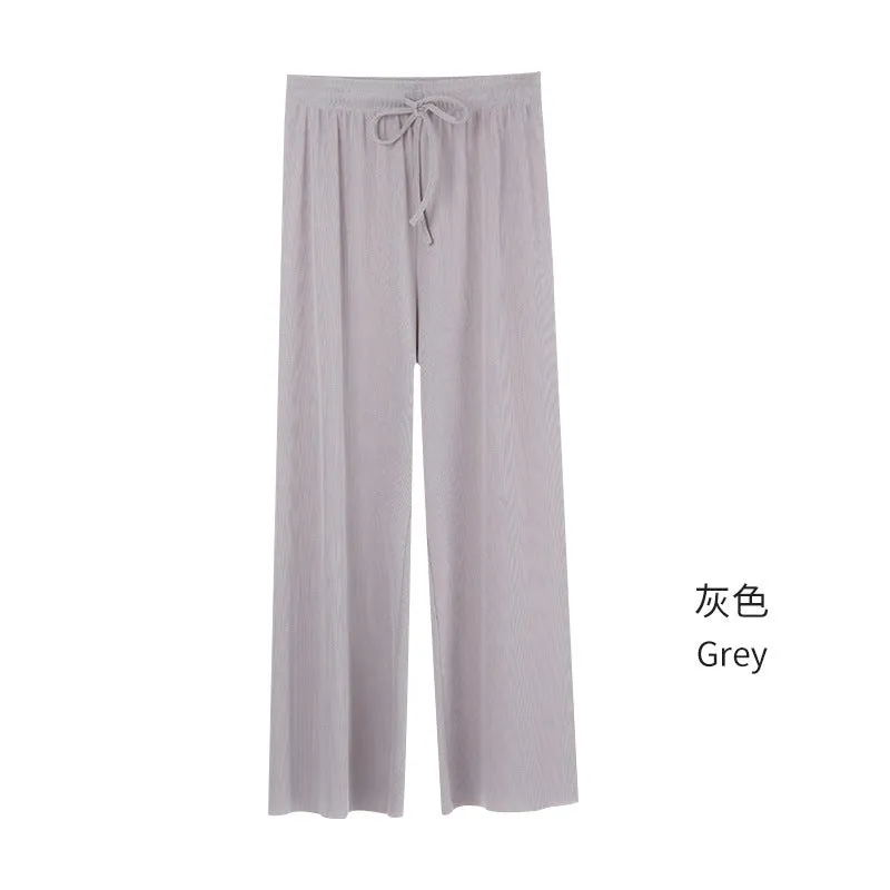 Ice Silk Wide Leg Pants Women High Waist Drape Summer Thin Floor Length Long Loose Slim Look Straight Casual Pants