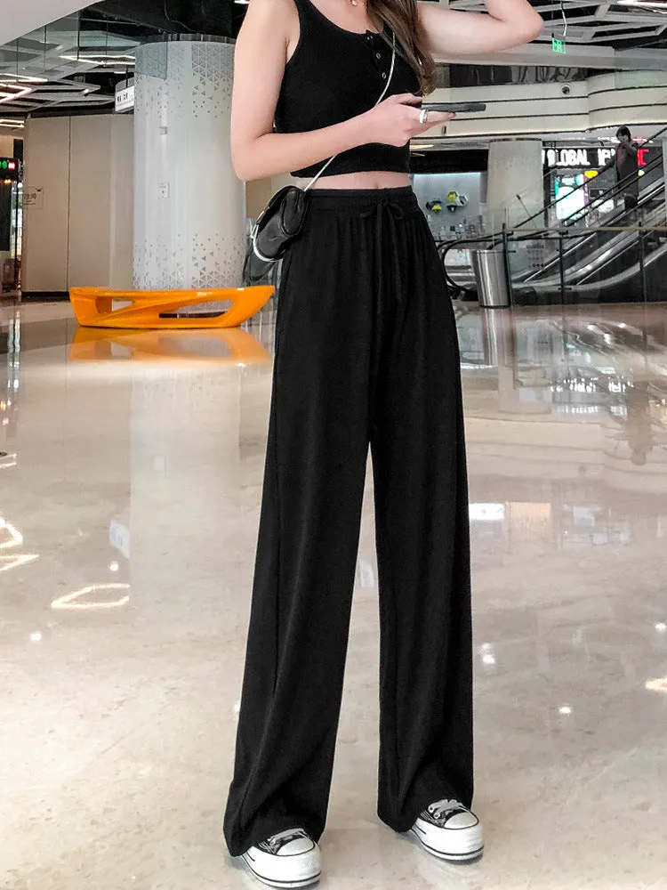 Ice Silk Wide Leg Pants Women High Waist Drape Summer Thin Straight Loose Slim Look Baggy Pants