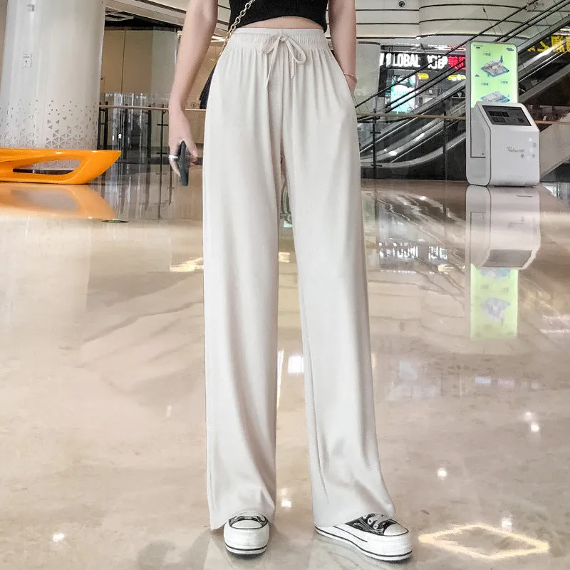 Ice Silk Wide Leg Pants Women High Waist Drape Summer Thin Straight Loose Slim Look Baggy Pants