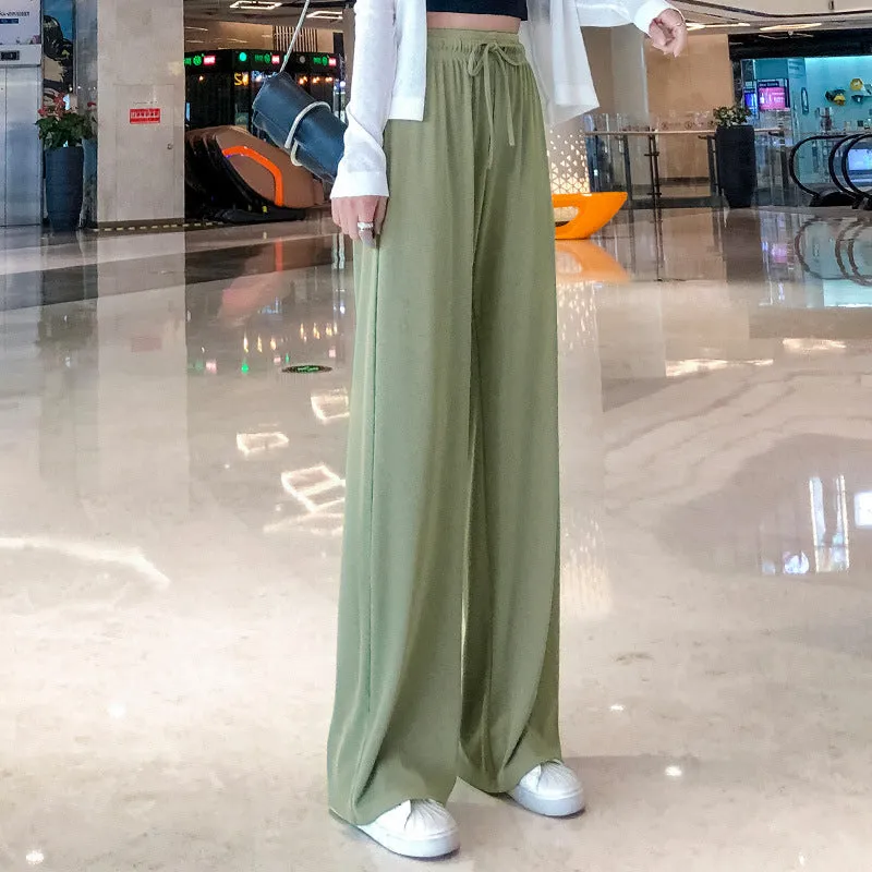 Ice Silk Wide Leg Pants Women High Waist Drape Summer Thin Straight Loose Slim Look Baggy Pants