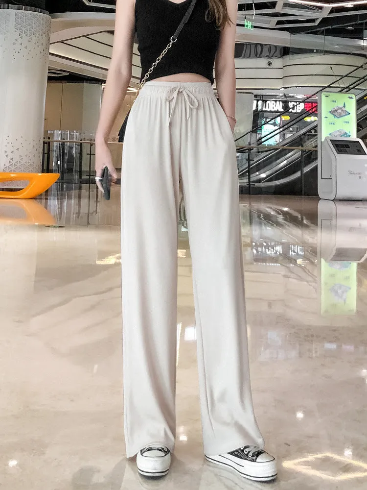 Ice Silk Wide Leg Pants Women High Waist Drape Summer Thin Straight Loose Slim Look Baggy Pants