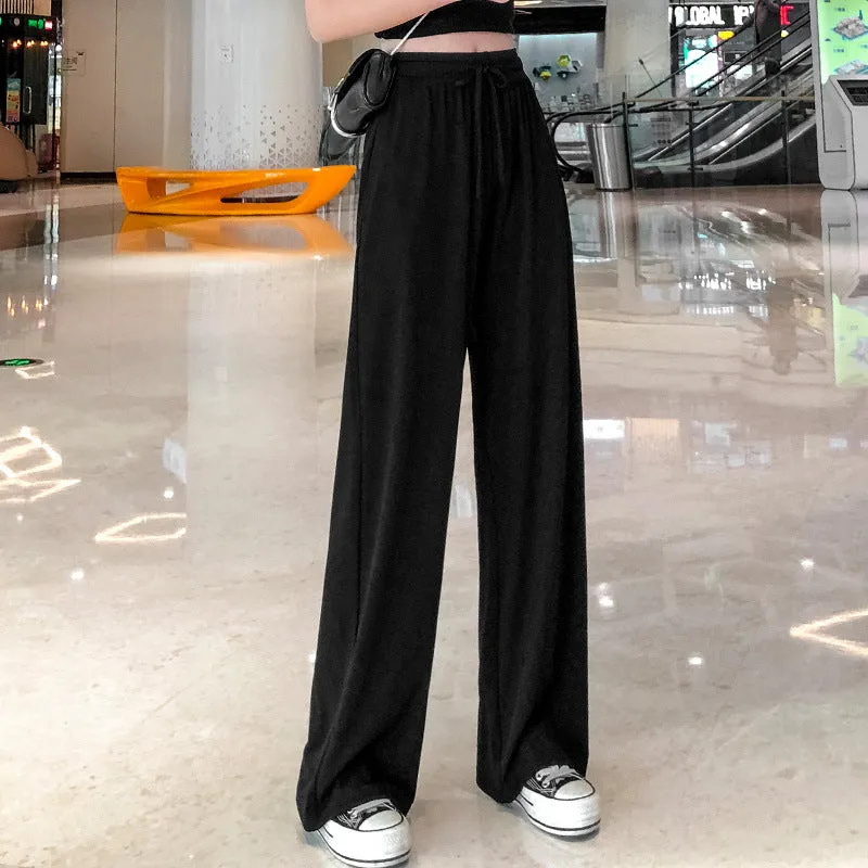 Ice Silk Wide Leg Pants Women High Waist Drape Summer Thin Straight Loose Slim Look Baggy Pants