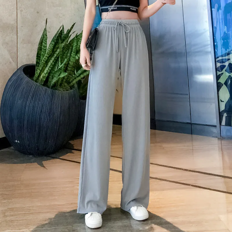 Ice Silk Wide Leg Pants Women High Waist Drape Summer Thin Straight Loose Slim Look Baggy Pants