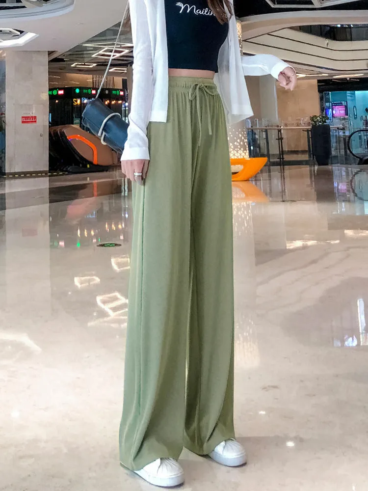 Ice Silk Wide Leg Pants Women High Waist Drape Summer Thin Straight Loose Slim Look Baggy Pants
