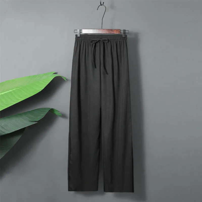 Ice Silk Wide Leg Pants Women Summer High Waist Drape Black Slim Look All-Matching Petite Straight Jeans Pants
