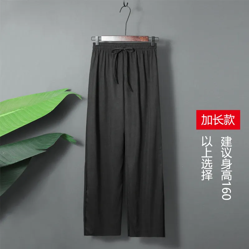 Ice Silk Wide Leg Pants Women Summer High Waist Drape Black Slim Look All-Matching Petite Straight Jeans Pants