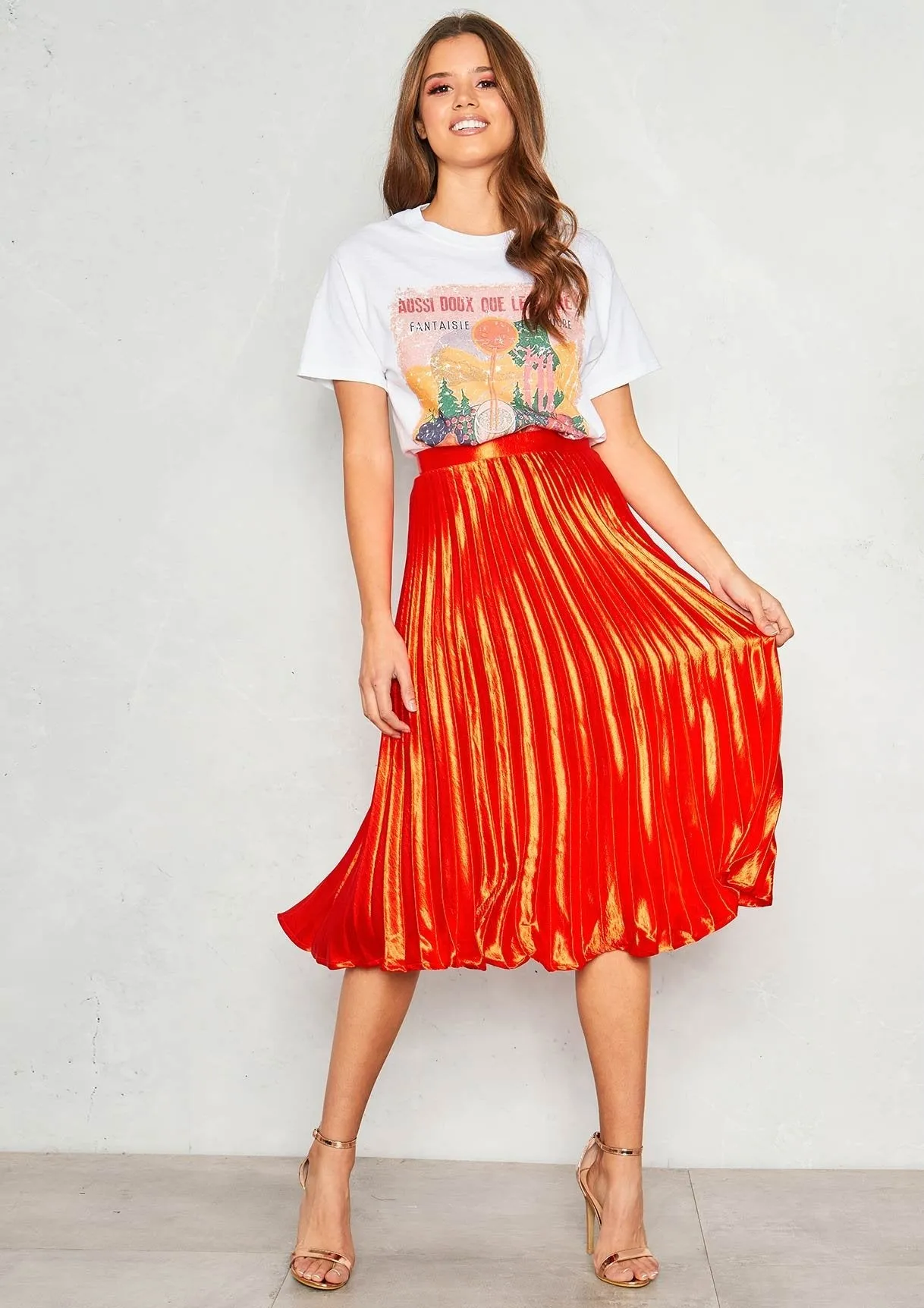 Kati Orange Pleated Midi Skirt
