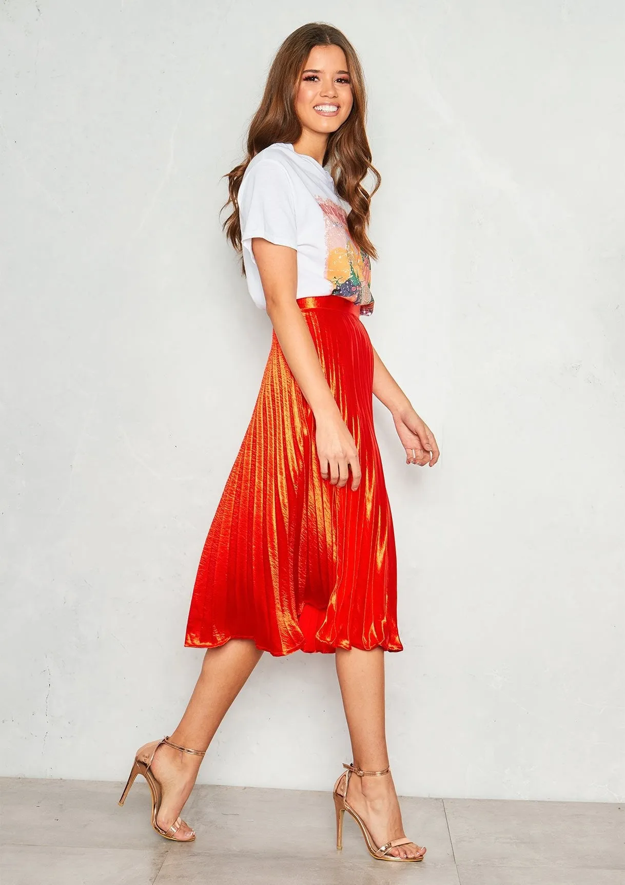 Kati Orange Pleated Midi Skirt