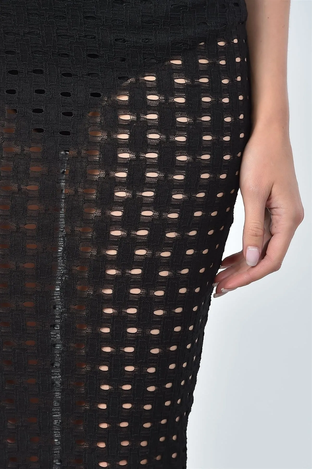 Ladies fashion mesh hole bodysuit and midi skirt two piece set