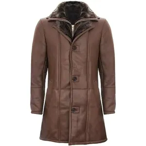 Men's Brown Double Collar Shearling Trench Coat - Warm & Stylish